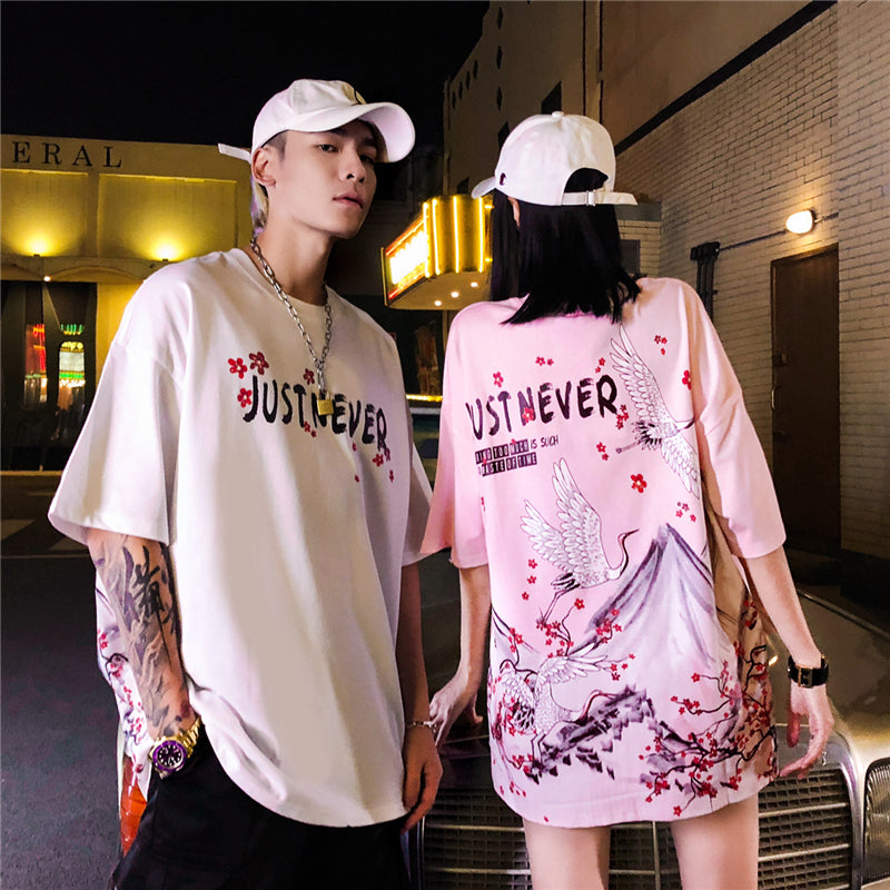 Streetwear Hip Hop T Shirt Men Harajuku Japanese Short Sleeve Tshirt Summer Casual Crane Cherry Floral T-Shirt-1