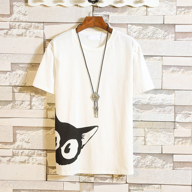 Funny Anime Cat Print O-Neck Fitness Black Tshirt Men White Oversized Hip-hop Cotton Tees Male Summer Streetwear Fashion T shirt-7