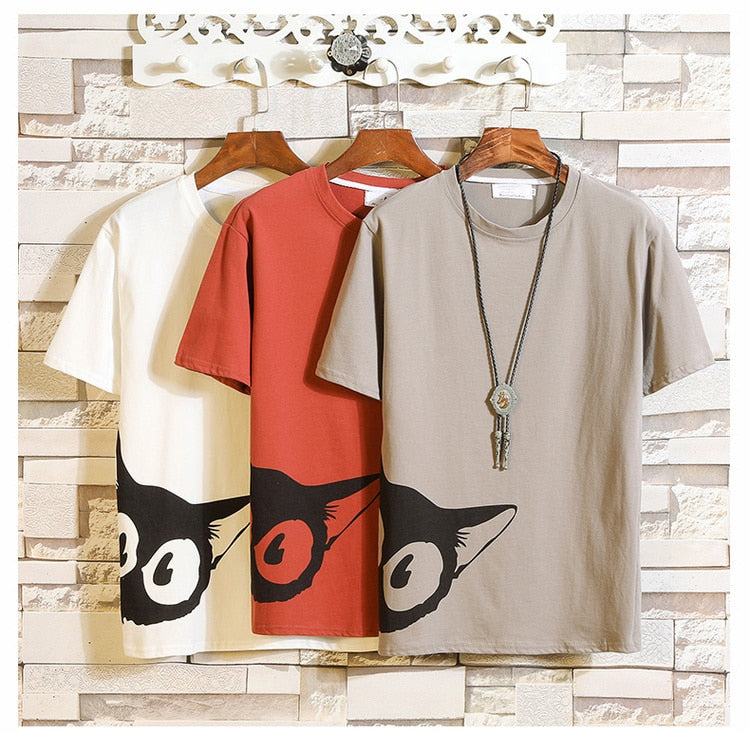 Funny Anime Cat Print O-Neck Fitness Black Tshirt Men White Oversized Hip-hop Cotton Tees Male Summer Streetwear Fashion T shirt-2