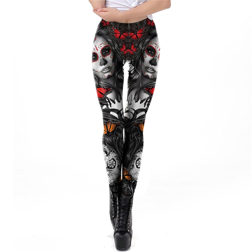 3D Print Leggings For Women Halloween Skull Legging Rose Girl Pattern Workout Leggins For Fitness-0