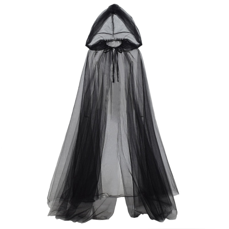 Witch Costume Elf Cloak Women Halloween Hooded Tulle Cape Cosplay-1