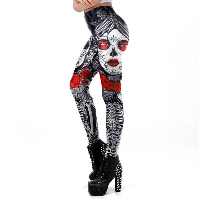 Halloween Sugar Skull Leggings For Women Girl Rose Print Fantastic Workout Party Ankle Pant-6