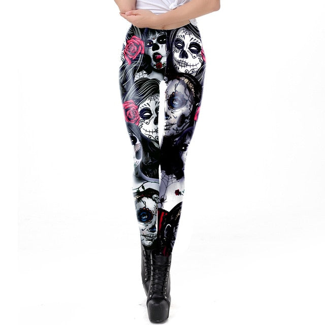 Halloween Sugar Skull Leggings For Women Girl Rose Print Fantastic Workout Party Ankle Pant-10