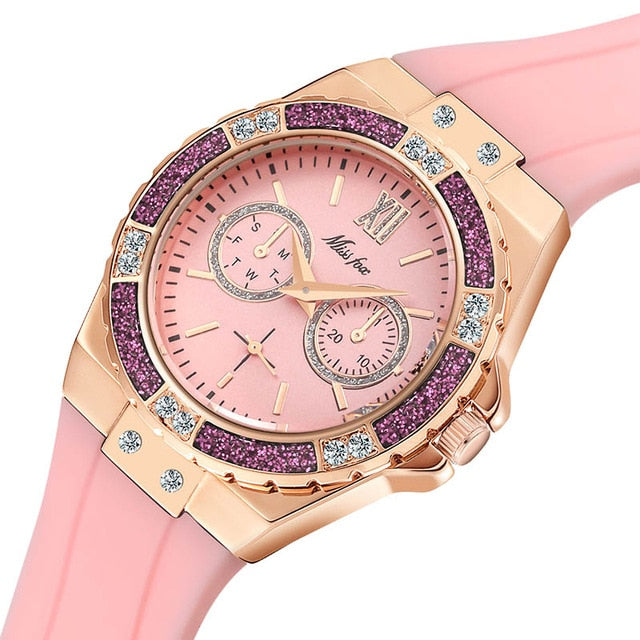 Women's Watches Chronograph Rose Gold Sport Watch Ladies Diamond Blue Rubber Band Xfcs Analog Female Quartz Wristwatch-0