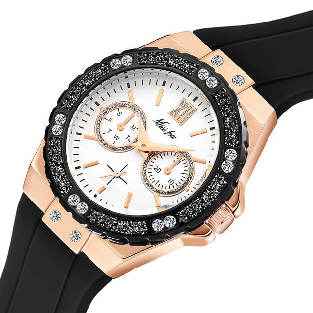 Women's Watches Chronograph Rose Gold Sport Watch Ladies Diamond Blue Rubber Band Xfcs Analog Female Quartz Wristwatch-5