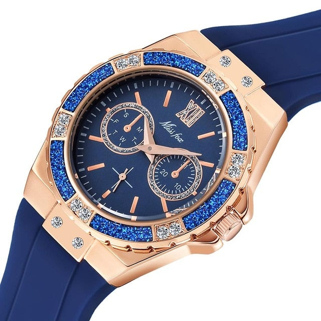 Women's Watches Chronograph Rose Gold Sport Watch Ladies Diamond Blue Rubber Band Xfcs Analog Female Quartz Wristwatch-3