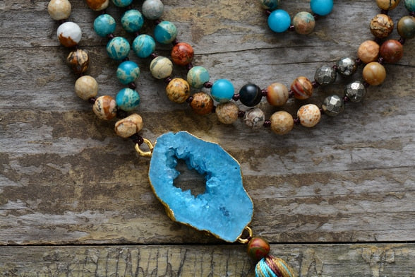 Gilded Druzy Turquoise & Jasper Tassel Necklace-2