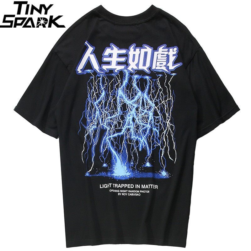 Men Hip Hop T Shirt Lightning Print T-Shirt Streetwear Chinese Letter Tshirt Oversized Harajuku Summer-0