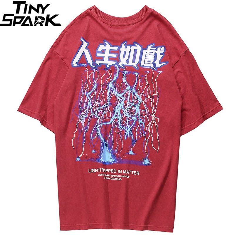 Men Hip Hop T Shirt Lightning Print T-Shirt Streetwear Chinese Letter Tshirt Oversized Harajuku Summer-2