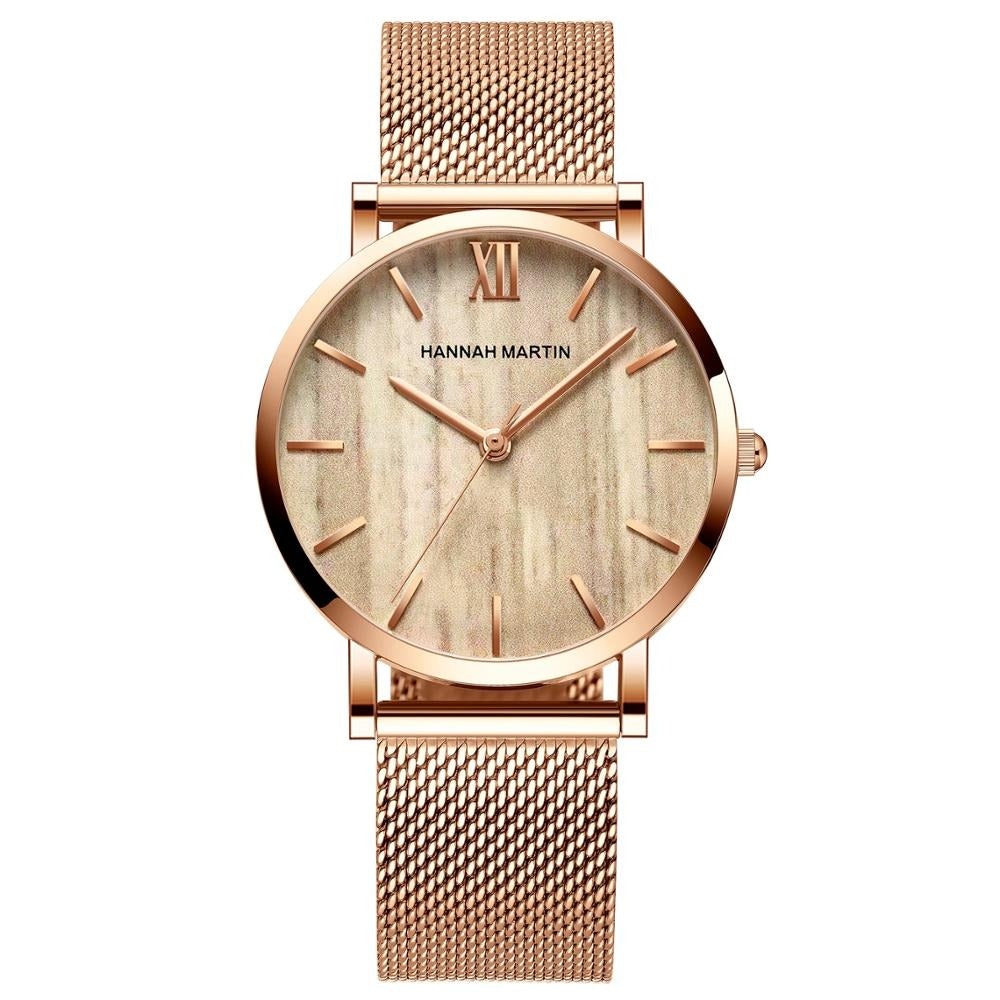 Arrival  Japan Quartz Movement Wood grain Walnut Fashion Stainless Steel Mesh Band Waterproof Women Wrist watches-0