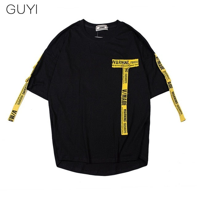 Tag T Shirt O-neck Off Tops Tees Male Boy White Casual Fashion Streetwear Gold Side Stripe Men Short Sleeve Black Patchwork-4