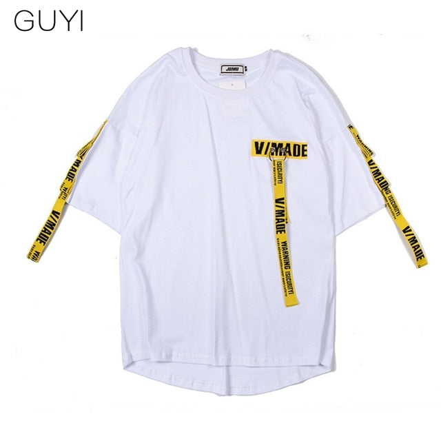 Tag T Shirt O-neck Off Tops Tees Male Boy White Casual Fashion Streetwear Gold Side Stripe Men Short Sleeve Black Patchwork-1