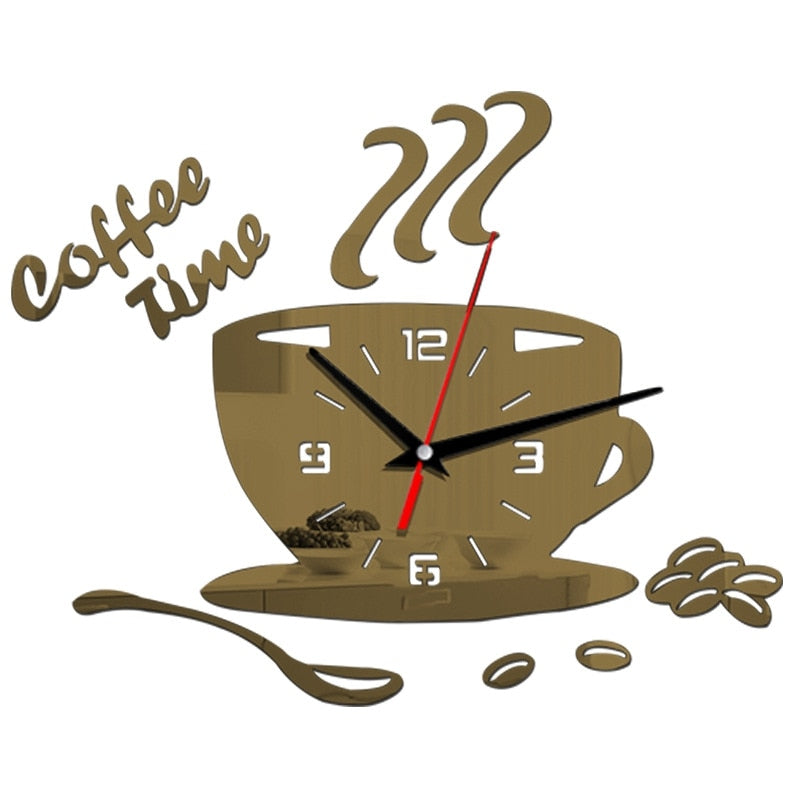 3D Coffee Cup Shape Time Clock DIY Mirror Acrylic Wall Clock Modern Kitchen Digital Wall Stickers Home Decor-2