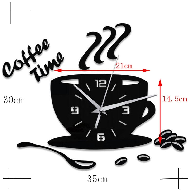 3D Coffee Cup Shape Time Clock DIY Mirror Acrylic Wall Clock Modern Kitchen Digital Wall Stickers Home Decor-4