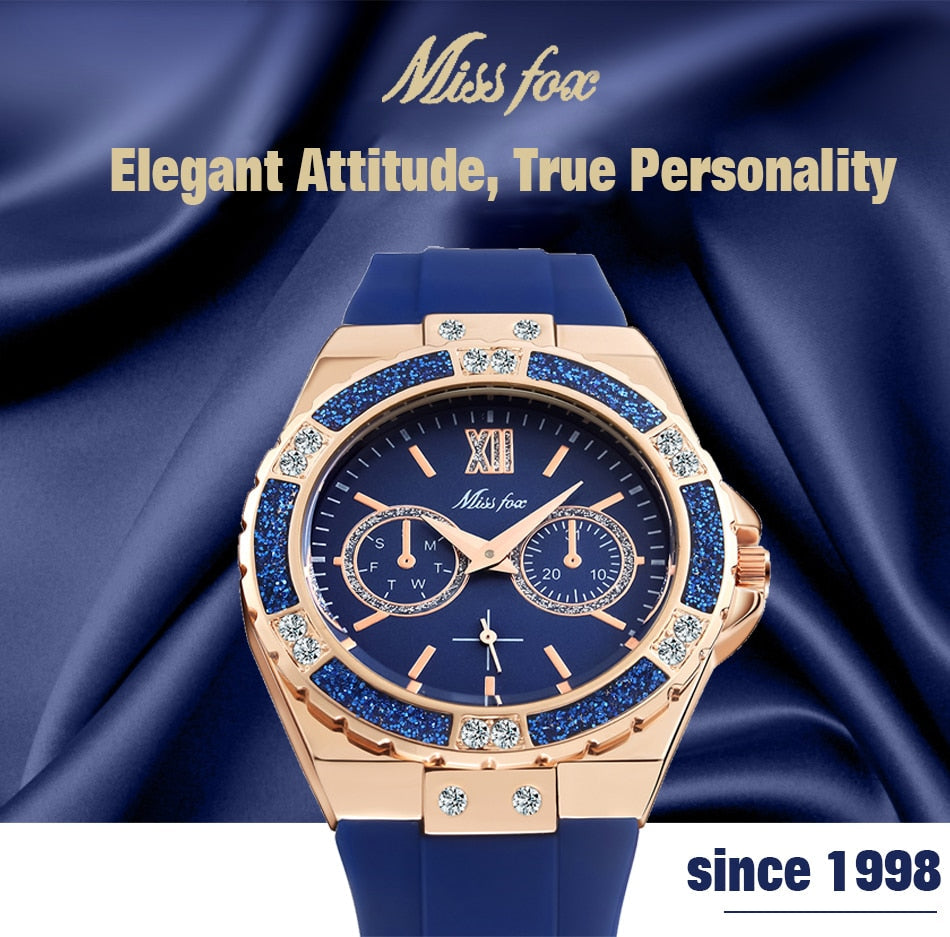 Women's Watches Chronograph Rose Gold Sport Watch Ladies Diamond Blue Rubber Band Xfcs Analog Female Quartz Wristwatch-4