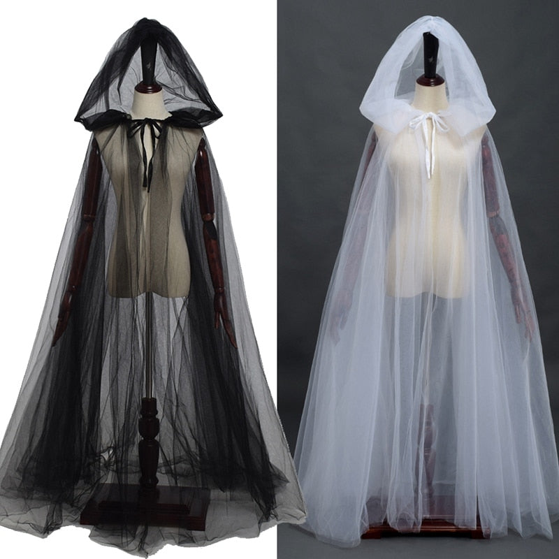 Witch Costume Elf Cloak Women Halloween Hooded Tulle Cape Cosplay-0