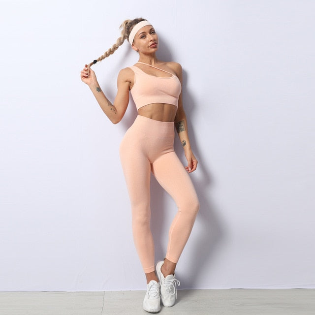 Women Yoga 2 PCS Seamless Yoga Suit GYM Workout Sportswear Asymmetric Clothing Fitness Top High Waist Set-7