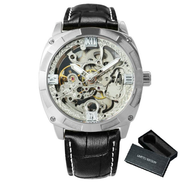 Men Watches Luxury Brand Design Automatic Watch Men Transparent Skeleton Mechanical Wrist Watch Leather Strap-3