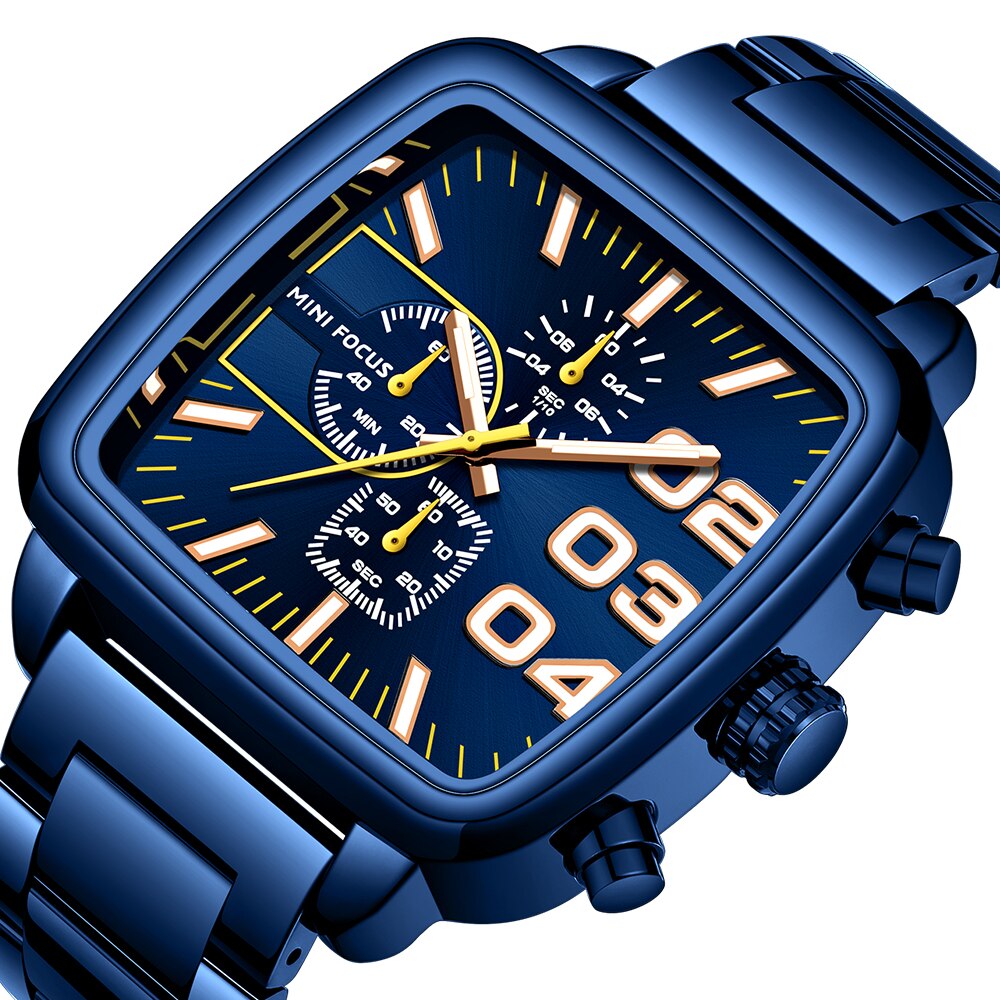 Top Luxury Brand Quartz Men Clock Big Square Case Chronograph Luminous Watches Mens Blue Stainless Steel Strap-0