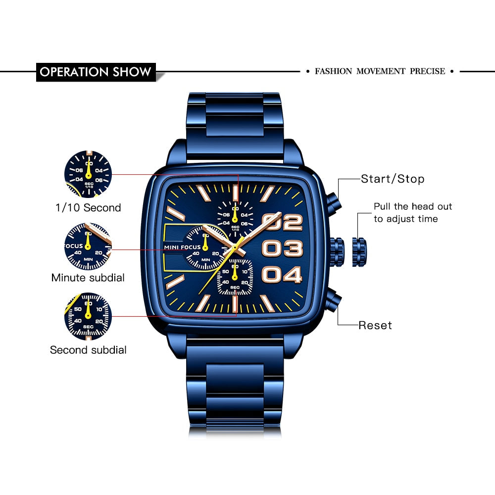 Top Luxury Brand Quartz Men Clock Big Square Case Chronograph Luminous Watches Mens Blue Stainless Steel Strap-16