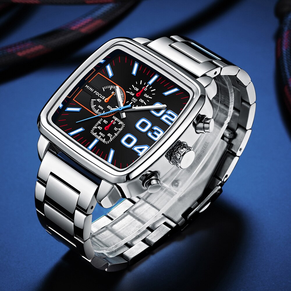 Top Luxury Brand Quartz Men Clock Big Square Case Chronograph Luminous Watches Mens Blue Stainless Steel Strap-5