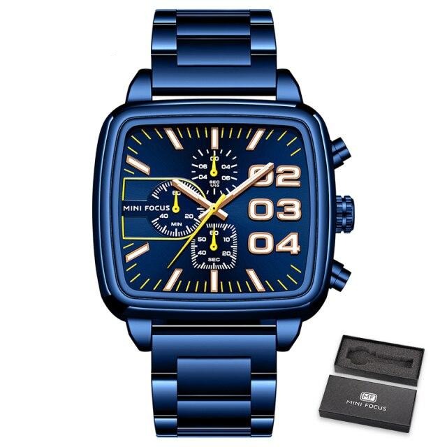 Top Luxury Brand Quartz Men Clock Big Square Case Chronograph Luminous Watches Mens Blue Stainless Steel Strap-1