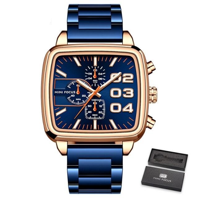 Top Luxury Brand Quartz Men Clock Big Square Case Chronograph Luminous Watches Mens Blue Stainless Steel Strap-4