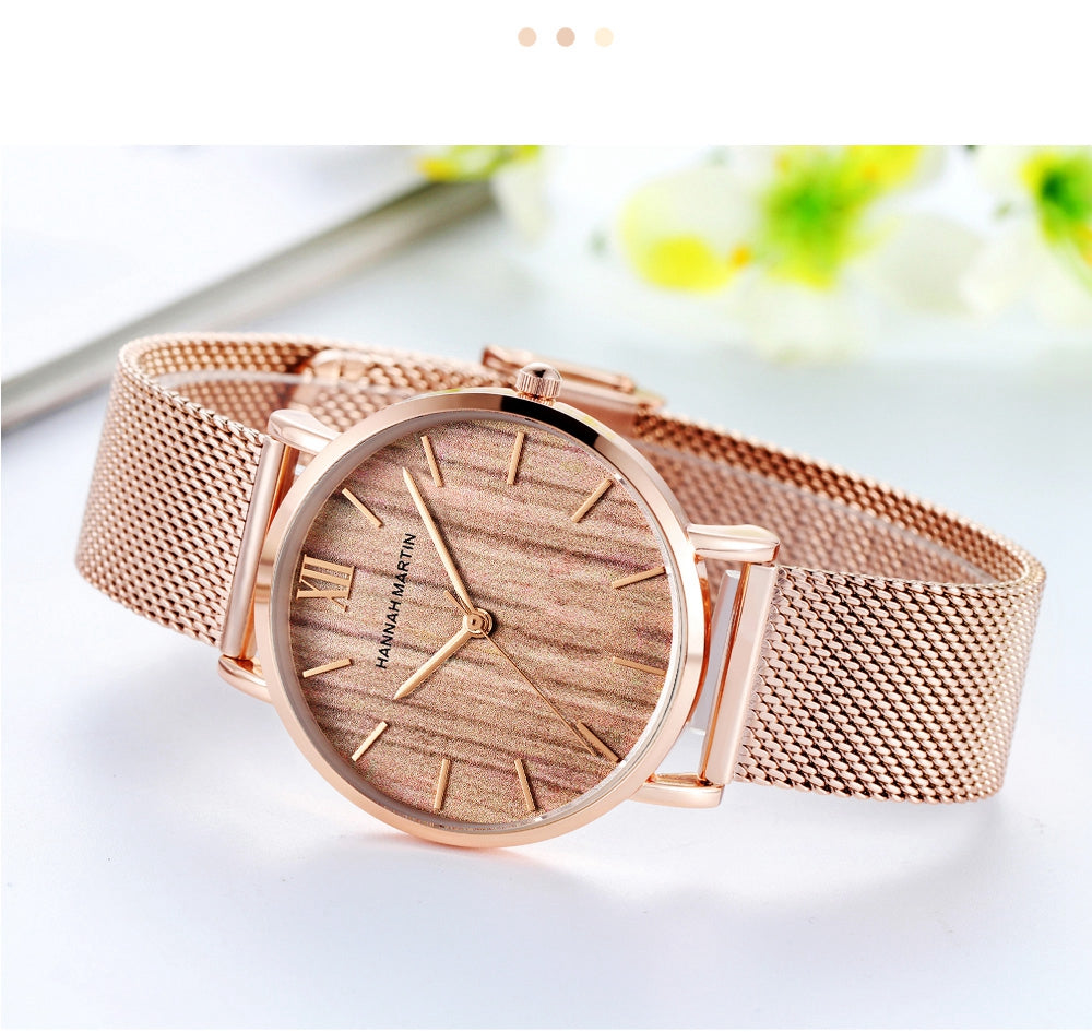 Arrival  Japan Quartz Movement Wood grain Walnut Fashion Stainless Steel Mesh Band Waterproof Women Wrist watches-3