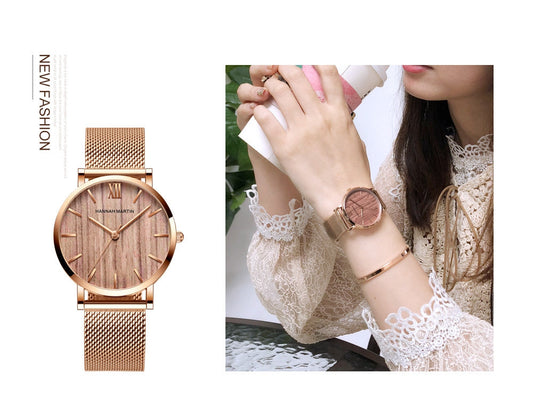 Arrival  Japan Quartz Movement Wood grain Walnut Fashion Stainless Steel Mesh Band Waterproof Women Wrist watches-20