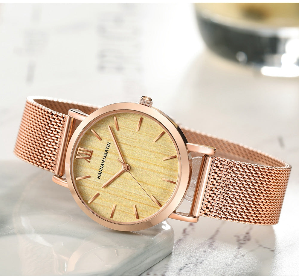 Arrival  Japan Quartz Movement Wood grain Walnut Fashion Stainless Steel Mesh Band Waterproof Women Wrist watches-4