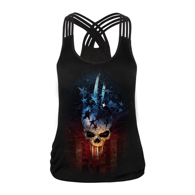 Fashion Halloween Sugar Skull Rose Girl Tank Top for Women Gothic Style Back Cross Sleeveless Vest-0