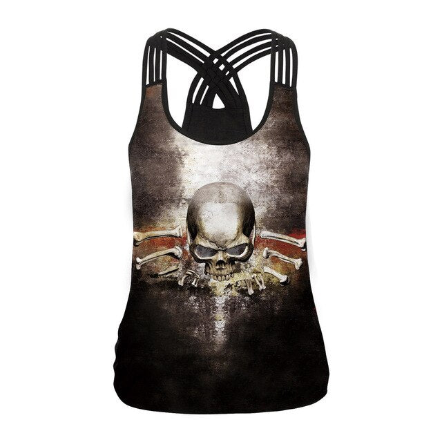 Fashion Halloween Sugar Skull Rose Girl Tank Top for Women Gothic Style Back Cross Sleeveless Vest-11