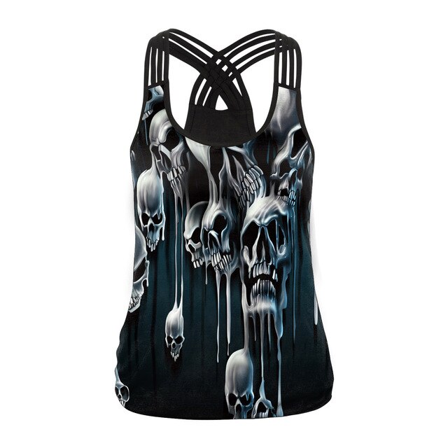 Fashion Halloween Sugar Skull Rose Girl Tank Top for Women Gothic Style Back Cross Sleeveless Vest-9