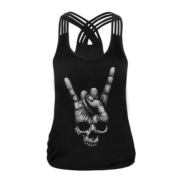 Fashion Halloween Sugar Skull Rose Girl Tank Top for Women Gothic Style Back Cross Sleeveless Vest-12