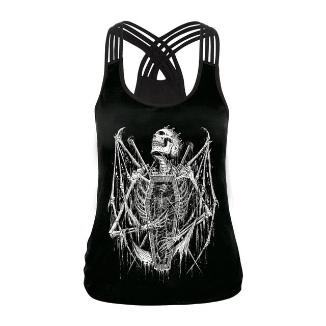 Fashion Halloween Sugar Skull Rose Girl Tank Top for Women Gothic Style Back Cross Sleeveless Vest-5