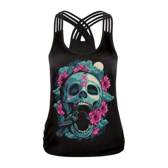 Fashion Halloween Sugar Skull Rose Girl Tank Top for Women Gothic Style Back Cross Sleeveless Vest-8