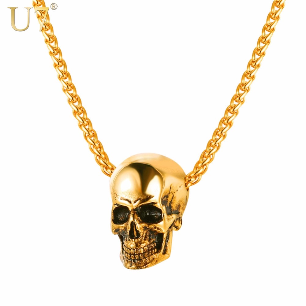 Halloween Jewelry Skull Necklace Stainless Steel Gothic Biker Pendant & Chain For Men/Women Punk Gift Gold/Black Color-0