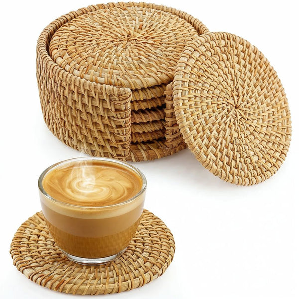 Handmade Natural Rattan Coaster Set (6 Piece + Holder) • Natural Honey-0