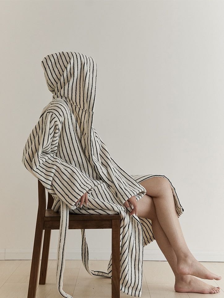 Retro 100% ORGANIC Long-stapled Cotton Hooded Stripe Bath Robe-0