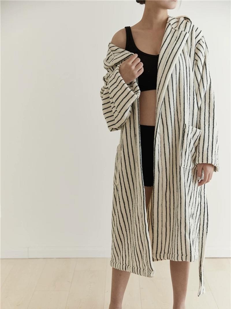 Retro 100% ORGANIC Long-stapled Cotton Hooded Stripe Bath Robe-3