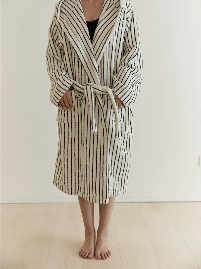 Retro 100% ORGANIC Long-stapled Cotton Hooded Stripe Bath Robe-1