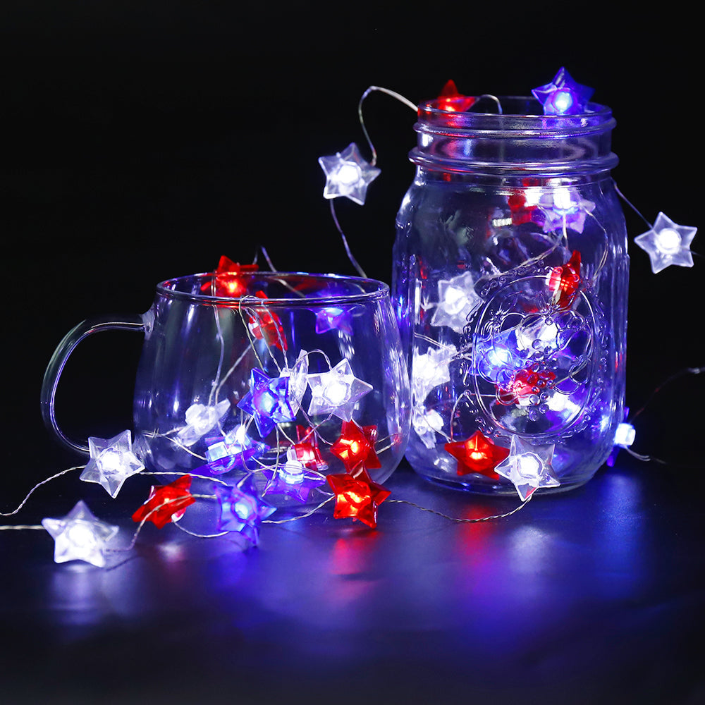 Battery Operated Red, White & Blue Star Fairy Lights-0