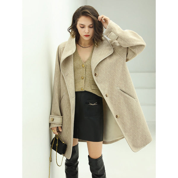 Structured Lapel Collar Herringbone Khaki Coat-0
