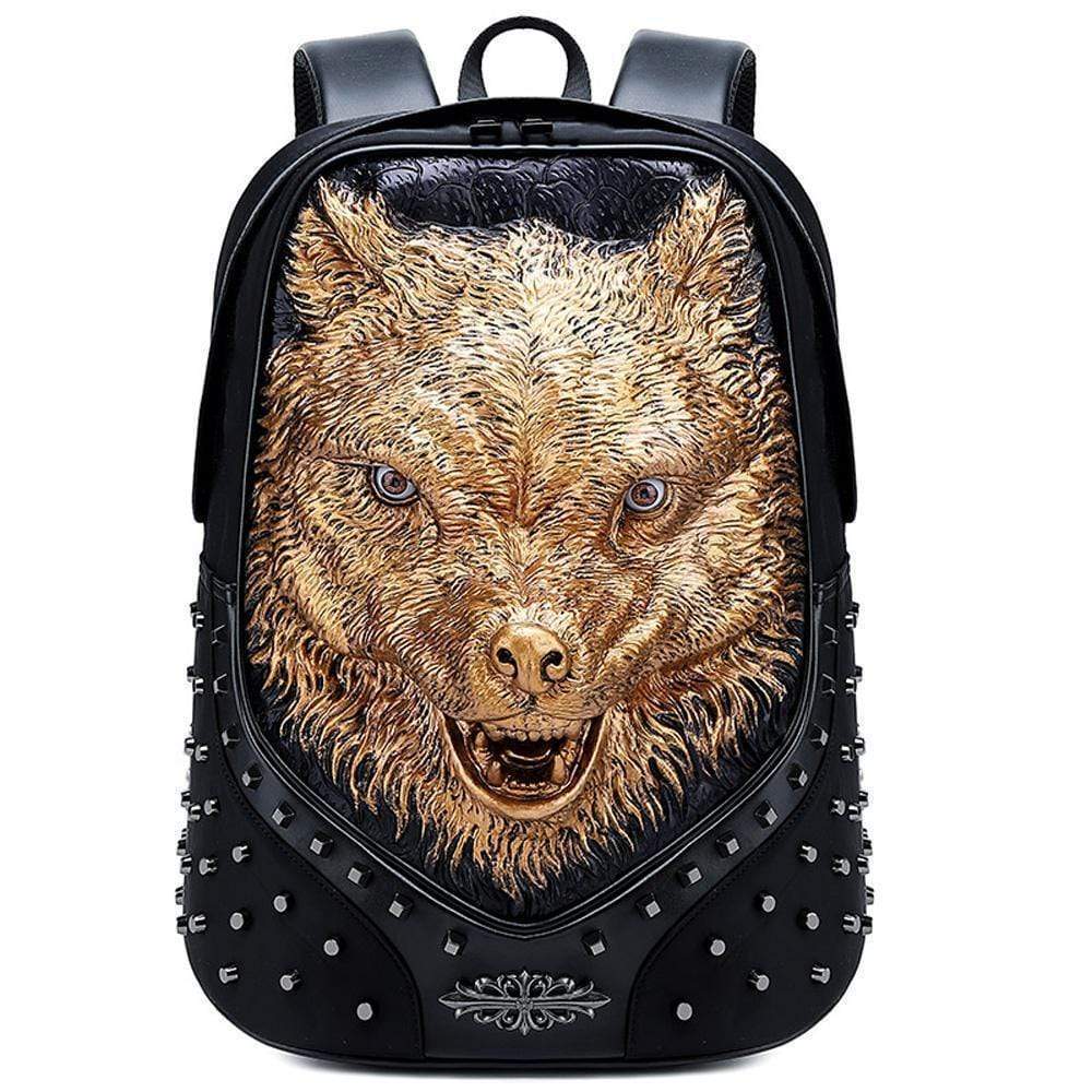 Studded Backpack Unisex 3D Angry Wolf PU Leather Casual Laptop Rivet Large Fashion Backpack-1