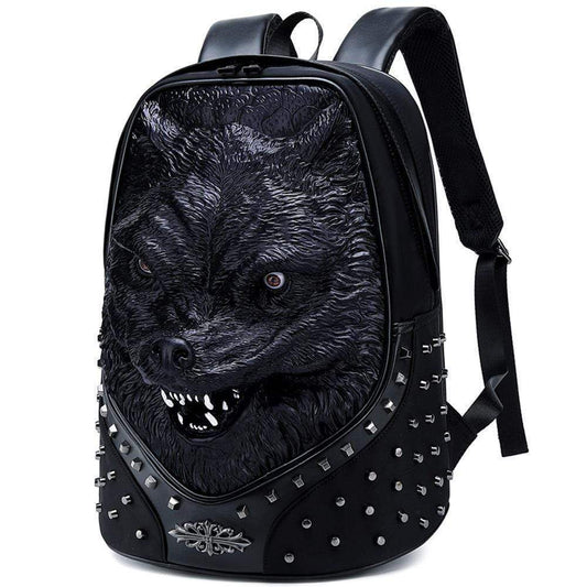 Studded Backpack Unisex 3D Angry Wolf PU Leather Casual Laptop Rivet Large Fashion Backpack-0