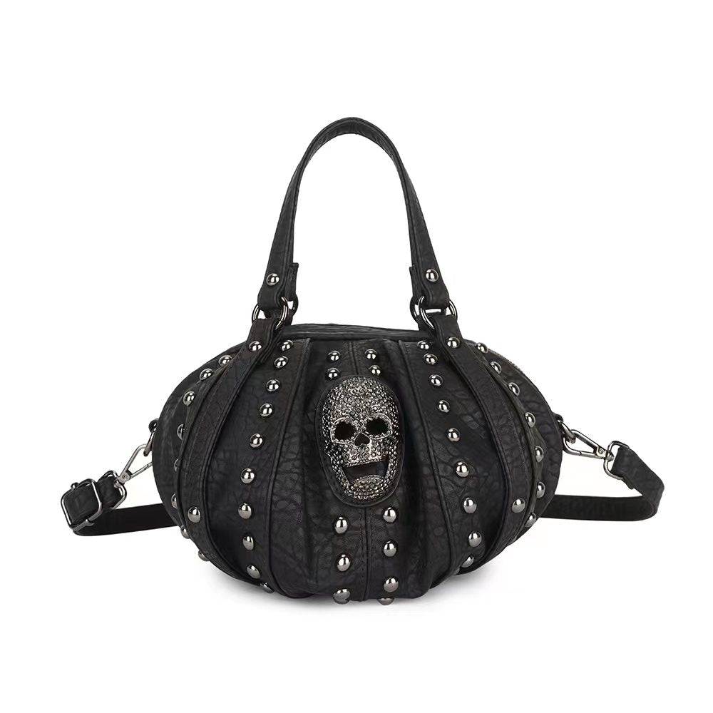 Fashion Punk Bags Dimond Skull Studded Oval Hobo Bucket Handbag-0