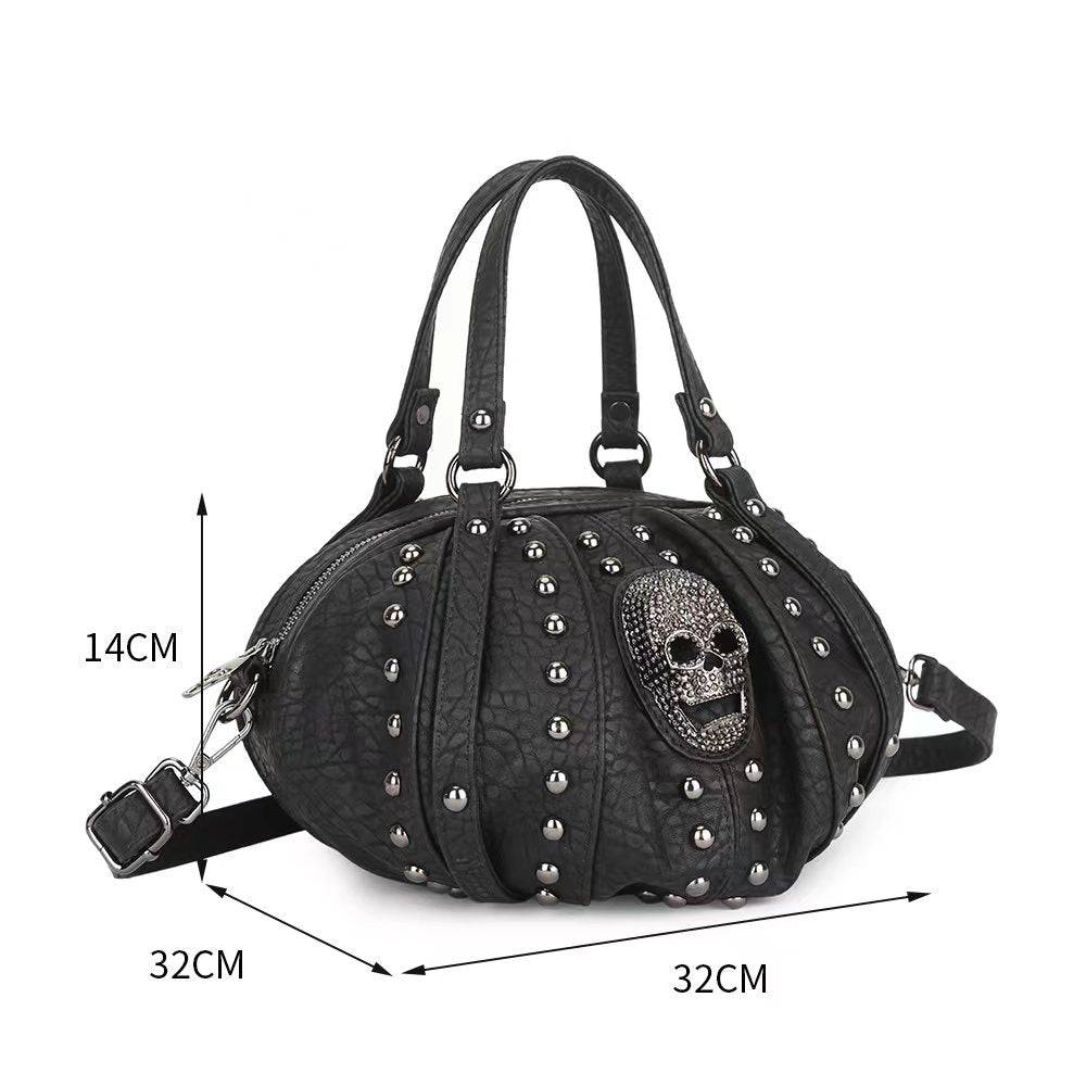 Fashion Punk Bags Dimond Skull Studded Oval Hobo Bucket Handbag-4