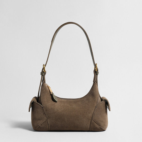 Suede Leather Retro Underarm Bag – Curved Crescent Silhouette with Side Flap Pockets-0