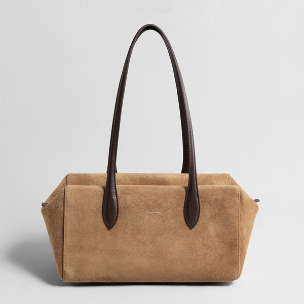 Suede Leather Structured Pillow Tote Bag – Continuous Leather Strap Design with Reinforced Base-0