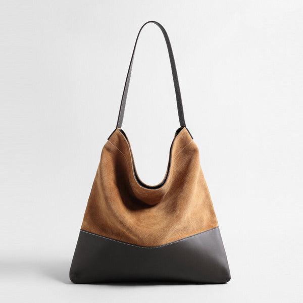 Suede & Leather Two-Tone Hobo Bag – Slouchy Shoulder Bag with Contrast Leather Strap-0